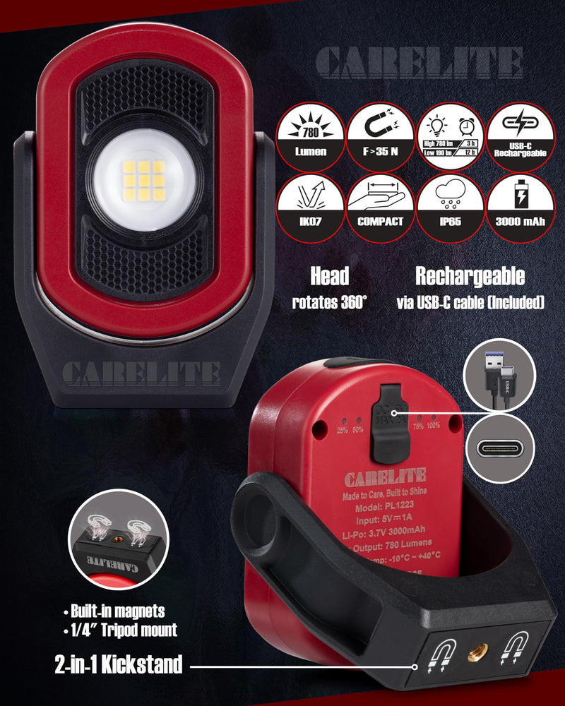 Magnetic Work Light – 780 Lumen Compact Pocket Light, Rechargeable 3000mAh, 360° Pivot, Durable & Portable for Mechanics & Jobsites (Red, 3-Pack) Red-3PK 3 Pack-780lm