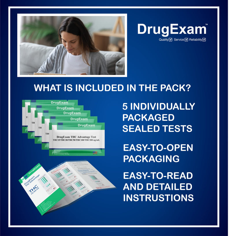 5 Pack - DrugExam Multi Drug Screen Test. Testing for Marijuana (THC). Easy to Use Urine Test. Detailed Instructions Included. 5