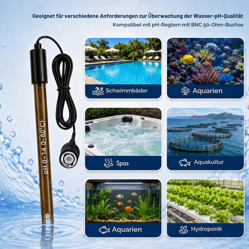 High Accuracy Combination pH Electrode for Continuous pH Monitoring, 0-14 pH Probe with 200 cm Long BNC Connection Cable & Calibration Powder Replacement Kit 200 cm cable