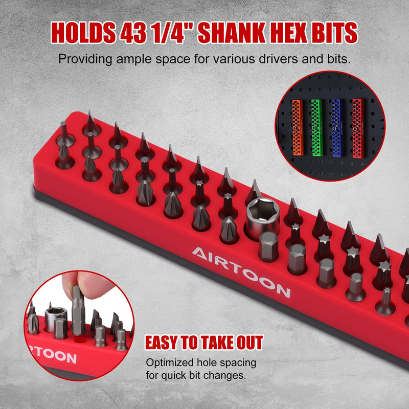 6PCS 1/4" Magnetic Hex Bit Holder, 43 Holes Bit Storage with Strong Magnetic Base, Magnetic Screwdriver Bit Organizer, Red, Blue, Green and Orange 6pcs(red+blue+green+orange)