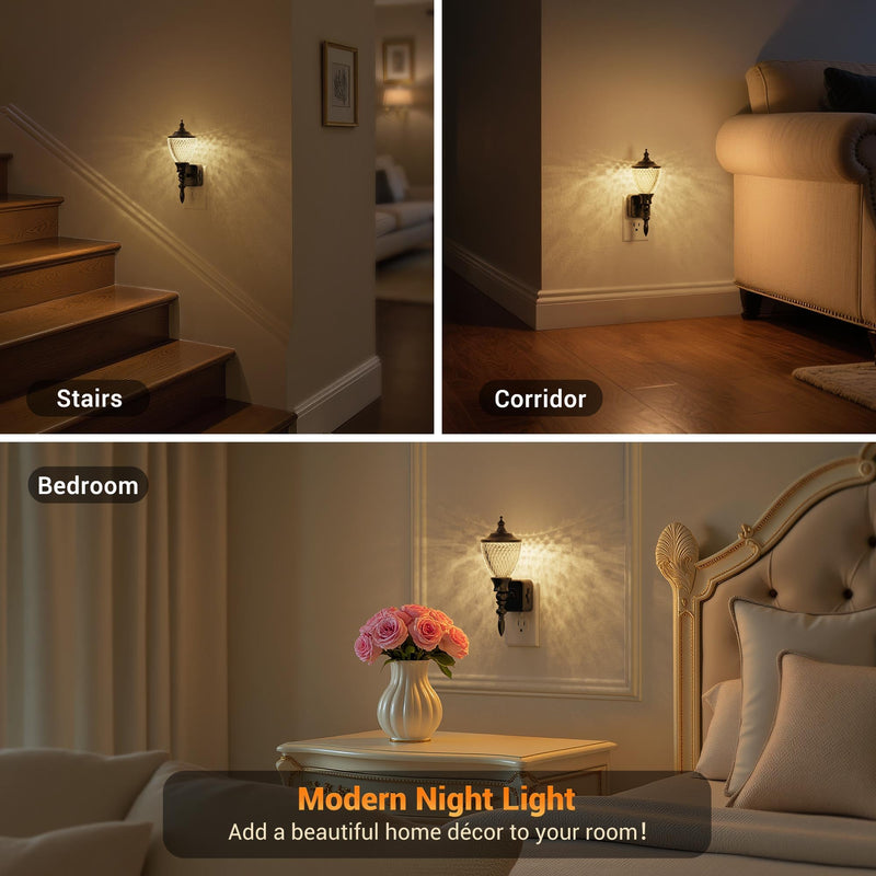 JandCase 2 Pack Night Lights Plug into Wall, 3000K Soft White, Dusk to Dawn Sensor, 0-100LM Dimmable Industrial Night Light, for Bedroom, Bathroom, Living Room, Hallway Black