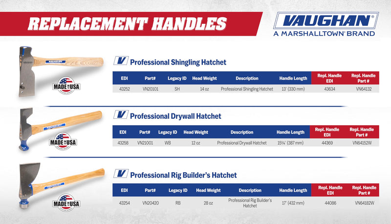 VAUGHAN Drywall Hatchet, Assembled in USA, Polish, Milled, Crowned Face, WB, VN21001
