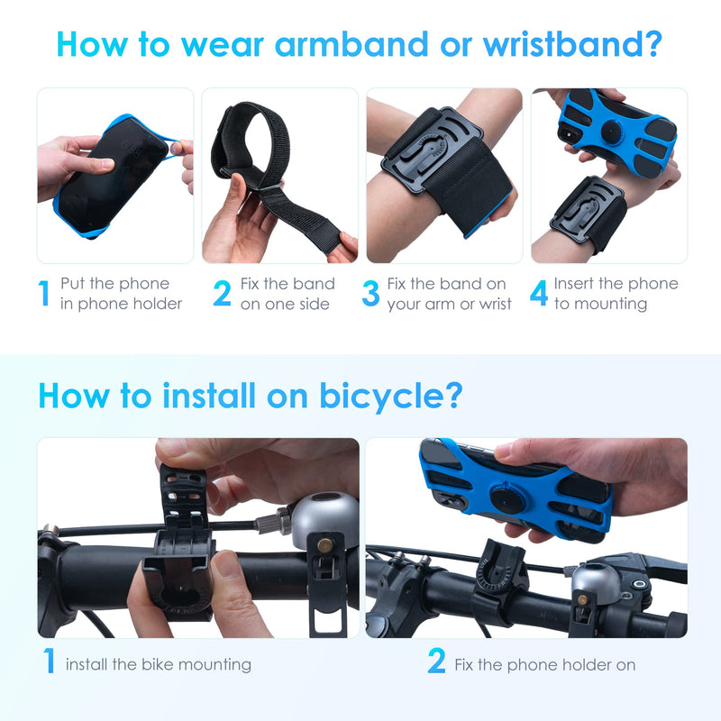 Running Armband, 3 in 1 Running Phone Holder Sports Armband Bicycle Phone Holder 360° Rotatable & Detachable Running Phone Armband for 4.5-9'' iPhone Huawei for Gym Running Hiking Blue