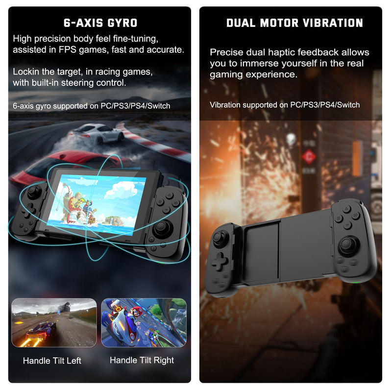 Joso Phone Controller for iPhone/Android/PC, D6 Wireless Game Controller for Switch/PS3/PS4 with Hall Joystick/Turbo/6-Axis Gyro/Dual Motor, iOS Android Controller Support Cloud Gaming/Remote Play Black
