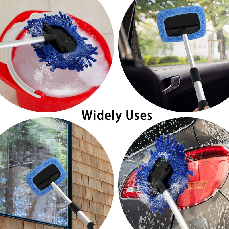 5 PCS Windshield Cleaning Tools, 18 inch Microfiber Car Window Cleaning Tool with Extendable Handle, Auto Interior Exterior Glass Wiper Car Glass Cleaner Kit with Microfiber Bonnet Pads and Cloth