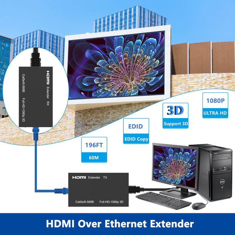 HDMI Extender Over Cat5e/Cat6/Cat7, 60m (196ft) 1080p Full HD Repeater Balun Kit, HDMI Over Ethernet Supports 3D, HDCP, EDID, Plug & Play, Transmitter Receiver for TV, Projector, Gaming, Home Theater 60M 1080P