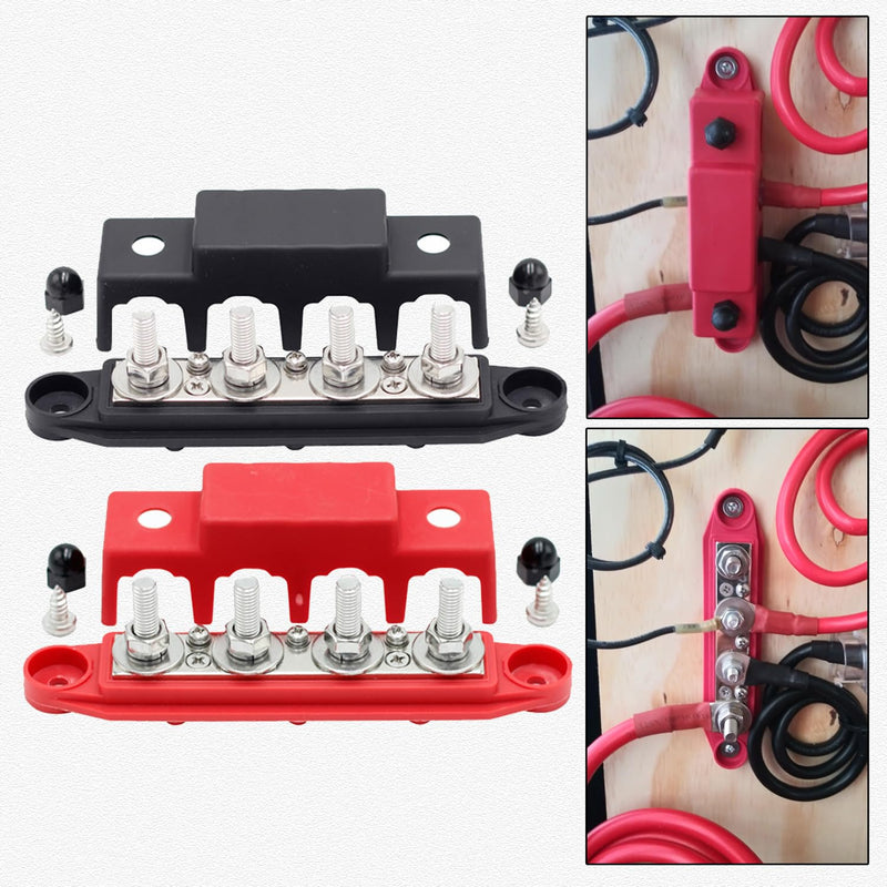 12V- 48V DC Bus Bar 250A Power Distribution Block with 4 x 5/16" Studs, 3X #8 Screws Terminals Battery Busbar with Cover, and extra 10 Lugs, Positive& Ground, 2 Pack 250A- 48V DC- 4x 5/16"- Black& Red