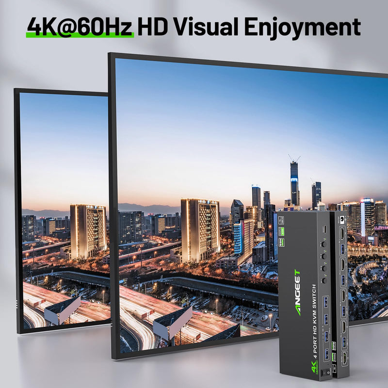 4 Port HDMI KVM Switch 4K@60Hz, Simulation EDID, ANGEET USB3.0 KVM Switches for 4 Computers Share 1 Monitor and Keyboard Mouse Printer, with Wired Remote,12V Power Adapter and 5 Cables KVM 1 Monitor 4 PC