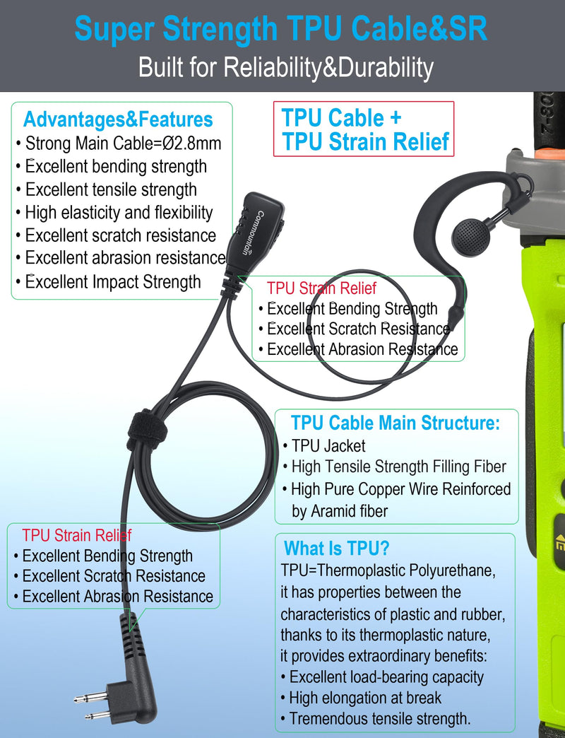 commountain CP200D CP100D Earpiece with PTT/Mic for Motorola Walkie Talkies Radios R2 CP200 CP185 BPR40 BPR40D CLS1410 CLS1110 DTR700 RDU4100 RDU4160D RMU2040 RMU2080D CLS CP, G Shape Earhook Headset For users below 6 feet tall