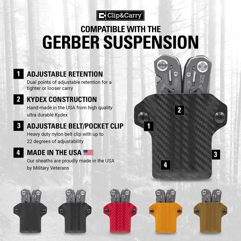 Clip & Carry Kydex Multitool Sheath for the Gerber Suspension - Made in USA - EDC Multi Tool Sheath Holder Holster Cover - Carbon Fiber Black