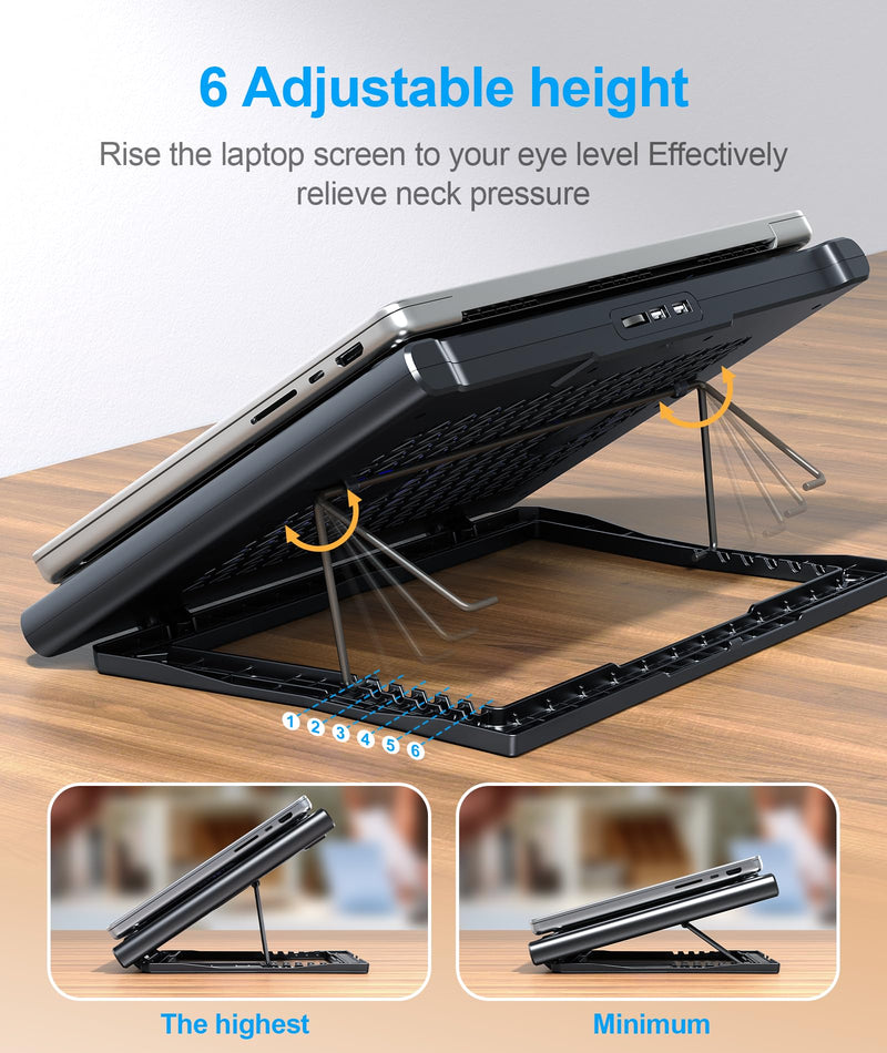 Laptop Cooling Pad Stand, Laptop Cooler with 2 Silent Fans for 10-15.6 Inch Laptops,6 Levels of Height Adjustable Wind Speed with 2 USB Ports (Black) Black
