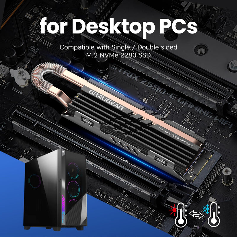 GRAUGEAR NVMe SSD M.2 Heatsink Heatpipe Heatsink [Quiet Passive Cooling] | Silent Cooler for NVMe M.2 SSD I Compatible with Gaming PC + Thermal Pad I for PC Case PC Accessories Desktop PC