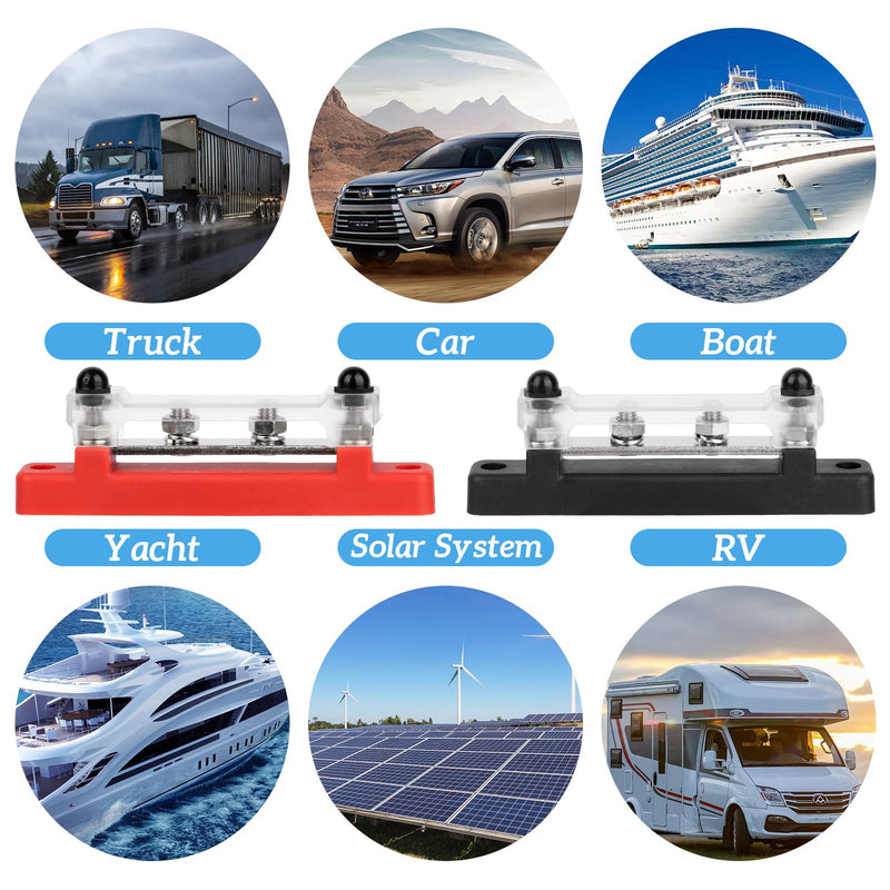 Busbar 12V-48V DC Busbar Busbar Power Rail Distribution Block Power Distribution Block with 4 x M6 Connection Bolts Black Red for RV Car Yacht Boat Pack of 2