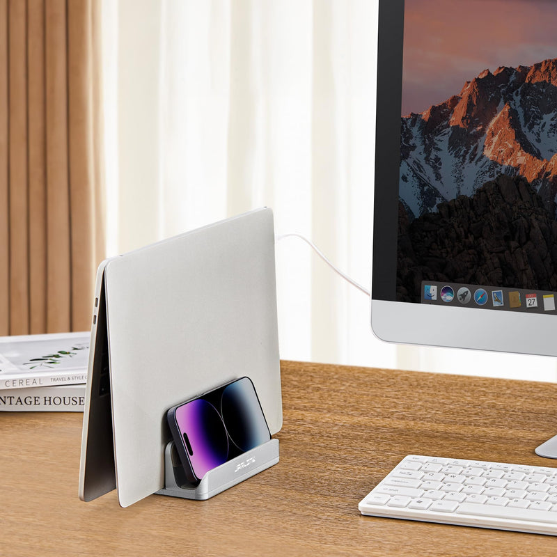 JARLINK 4-in-1 Adjustable Vertical Laptop Stand Holder, Aluminum Dual Slots Laptop Rack for Desk, Space-Saving Organizer Compatible with All MacBook, Surface, Chromebook, and Gaming Laptops (Silver) Silver