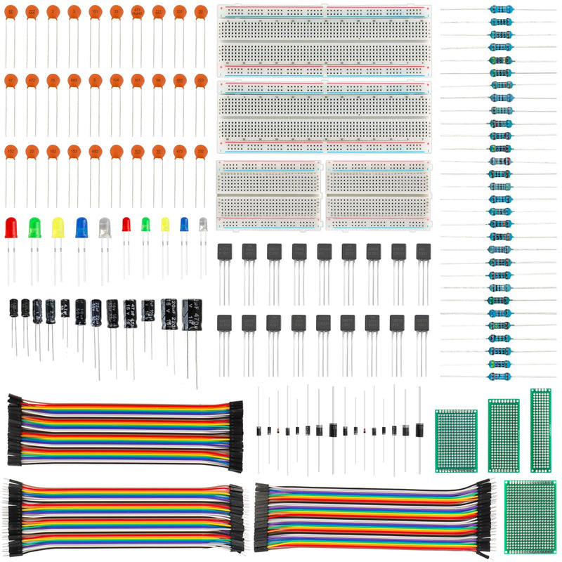 Electronic Component Kit, 1628 Pcs DIY Electronics Kit with LED Diodes, Diodes, Metal Film Resistors, Electrolytic Capacitor, Transistors, Ceramic Capacitors, Dupont Wire, PCB Board, Breadboard