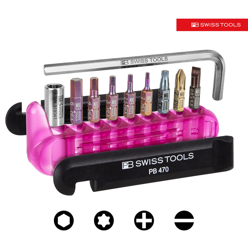 PB Swiss Tools Bike Multitool PB 470 | 100% Swiss Made | Pocket Tool with Bits, Allen Key, Steel Adapter, Tire Lever for Mountain and Road Bike, Bicycle, E-Bike (Purple) Purple