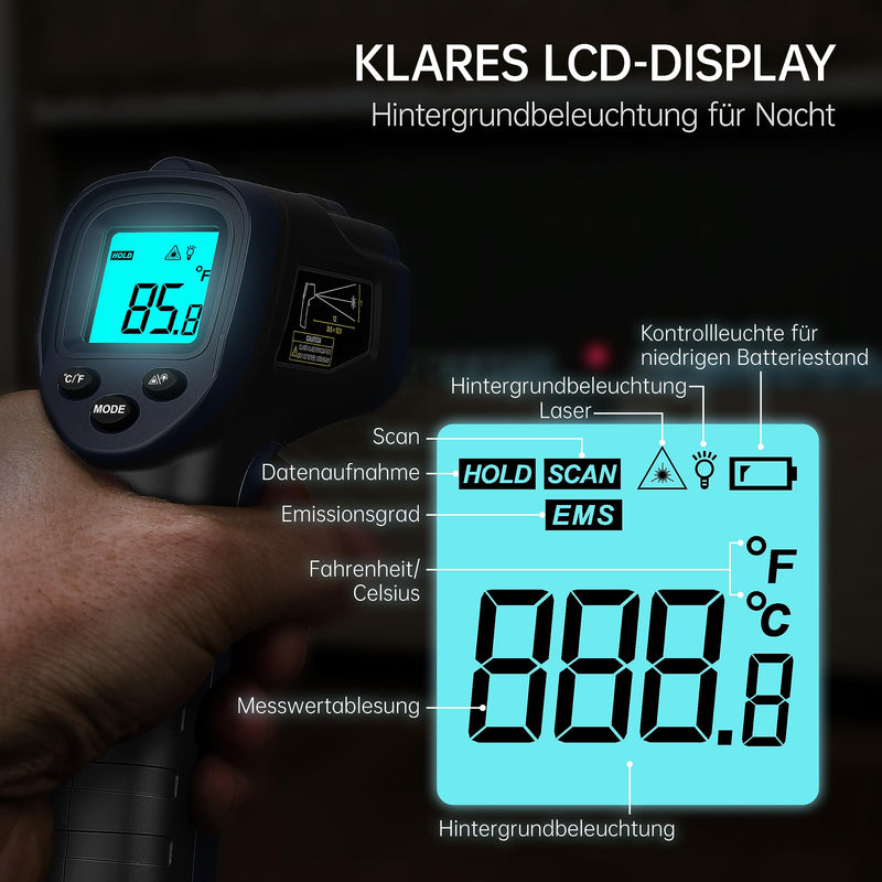 ERICKHILL Infrared Thermometer -50℃~600℃ Non-Contact Digital Laser Temperature Gun LCD Display with Adjustable Emissivity - for Cooking/Barbecue/Freezer/Industry, Black Blue 600℃ Basic Version