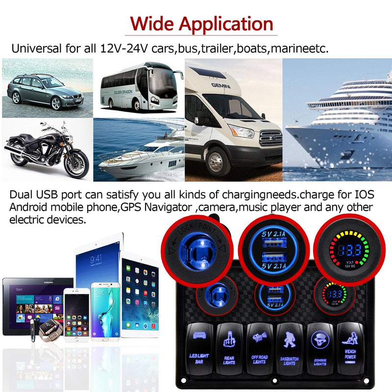 FXC Waterproof Marine Boat Rocker Switch Panel 6 Gang with 4.2A Dual USB Slot Socket + Cigarette Lighter + Voltage Monitor Alarm LED Light for Car Rv Vehicles Truck