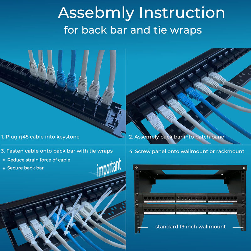 Rapink Patch Panel 24 Port Cat6 with Inline Keystone 10G Support, Pass-Thru Coupler Patch Panel UTP 19-Inch with Removable Back Bar, 1U Network Panel for Cat6, Cat5e, Cat5 Cabling Black