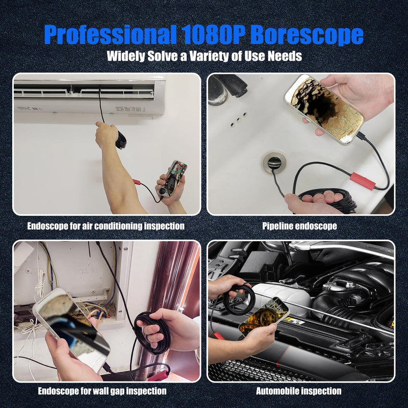 Endoscope Camera with Light, 1920P HD Borescope Camera with Light,Semi-Rigid Inspection Endoscope with 8 Adjustable LED, IP68 Waterproof Drain Scope Camera for for iOS/Android,16.4ft Red