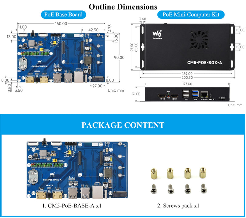 Compute Module 5 PoE Base Board, CM5 IO Board with PoE Feature, Support POE and Type C Power Supply/M.2 NVMe Solid State Drive 2280 2260 2242 2230, Onboard MIPI/M.2/HDMI/USB/ETH/TF Card Slot