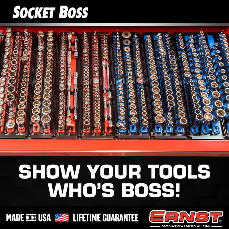Ernst Manufacturing 8491 Socket Boss Multi-Drive Socket Organizer Tray with 13” Socket Rails, Blue – Drive Socket Storage Tray for Automotive Service Technician’s Toolbox - Made in USA 13-Inch