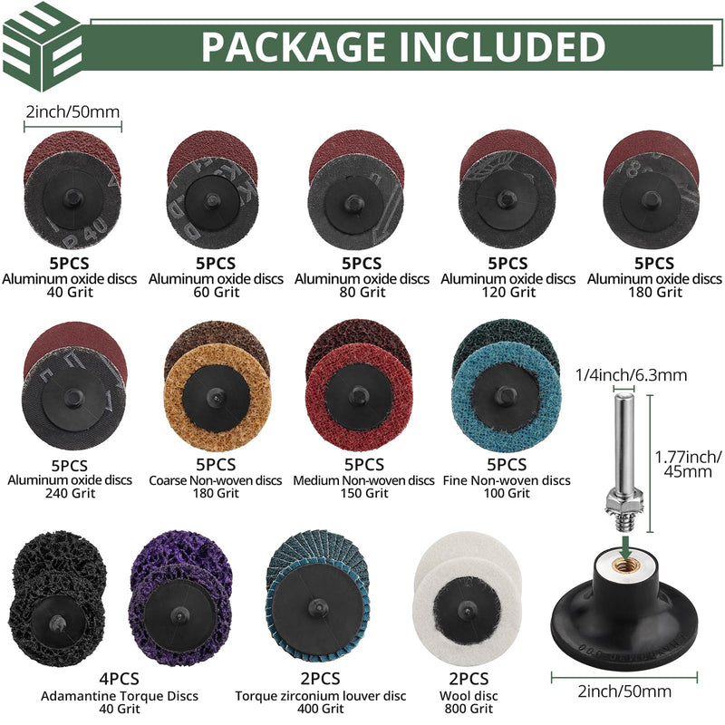 EYPINS 53x sanding discs 50 mm Velcro sand disc, serrated discs, cleaning disc, 2 inch disc pad holder with 1/4 inch shaft & for wood, metal, jewelry deburring, grinding, polishing