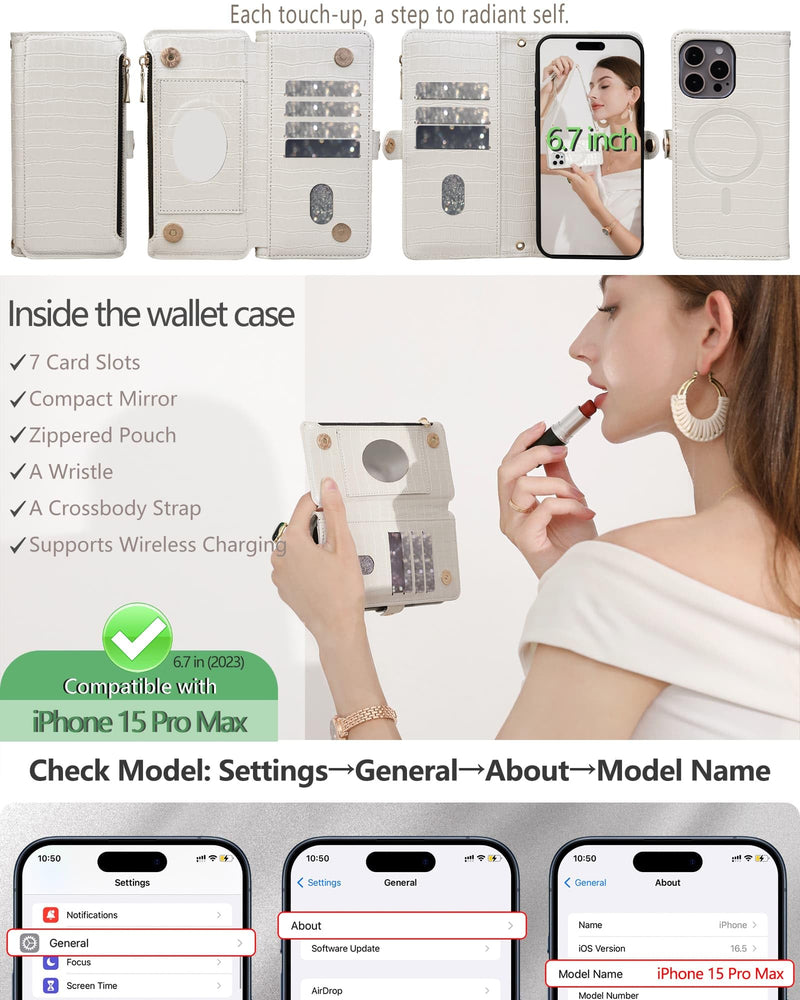 Wallet Case for iPhone 15 Pro Max with Mirror Zipper Magnetic Closure RFID Blocking Card Holder, Wristlet & Crossbody, PU Leather Shockproof Wireless Charging 6.7" Women Men (White) White