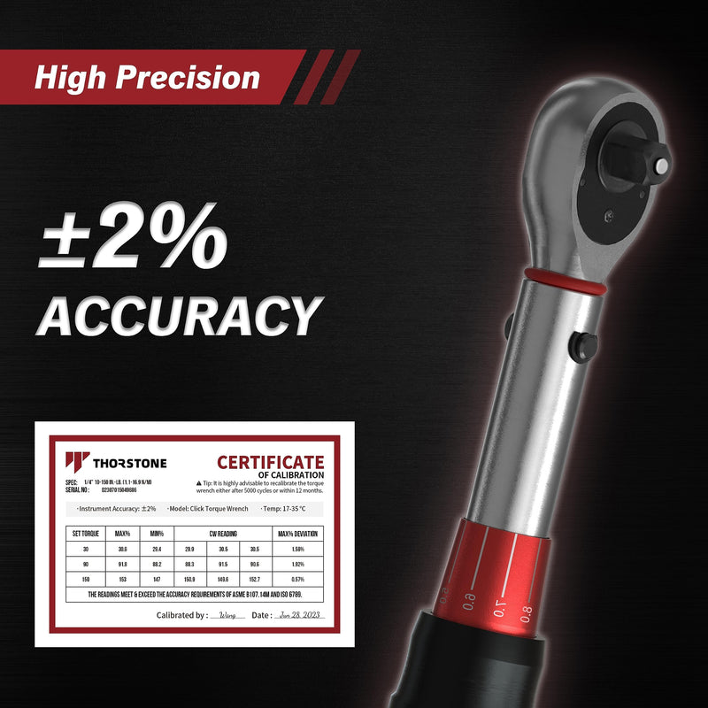 Thorstone 1/4 Torque Wrench, 10-150 in.-lb./ 1.1~16.9Nm Dual-Direction Adjustable Micrometer Click Torque Wrench, 72-Tooth Gear, ±2% Clockwise High Accuracy Reversible Dual Range Scales 1/4 IN 10-150 FT-LB (72 TOOTH)