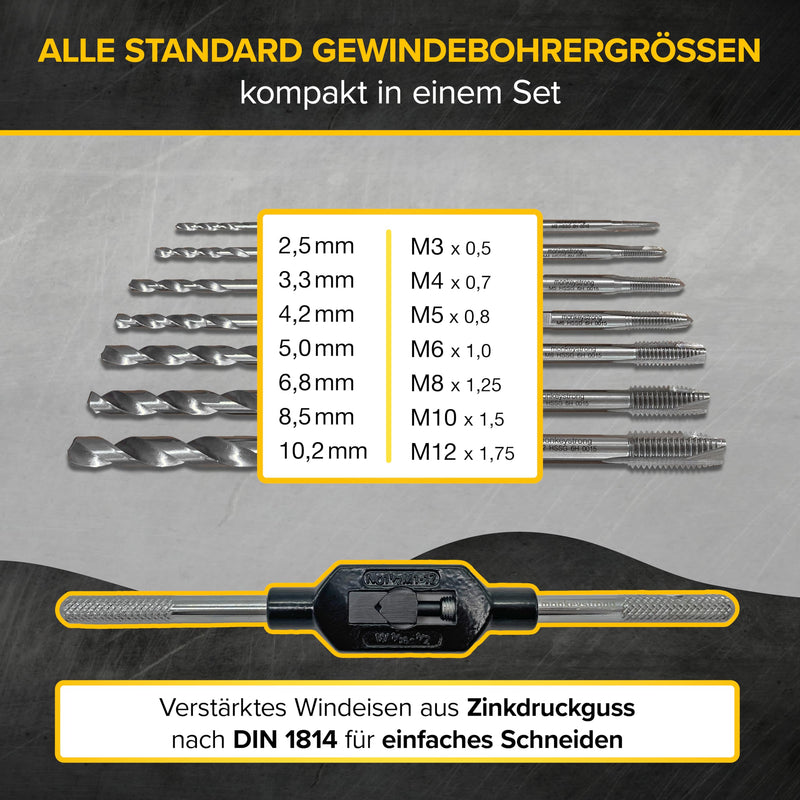 Thread cutter set [made of HSS steel | with core hole drill set] - 15-piece tap set in popular sizes from M3 - M12 including tap wrench & storage box | Thread cutting set - from monkeystrong® single tap