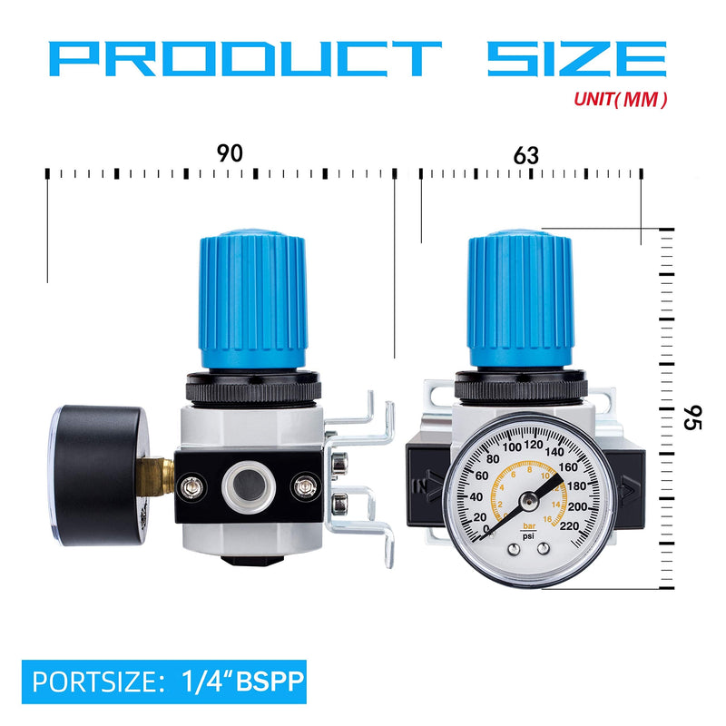 NANPU 1/4" BSP Air Pressure Regulator - Zinc Alloy, Pressure Gauge (0-16 bar), for Air Compressors and Air Tools 1/4" BSPP