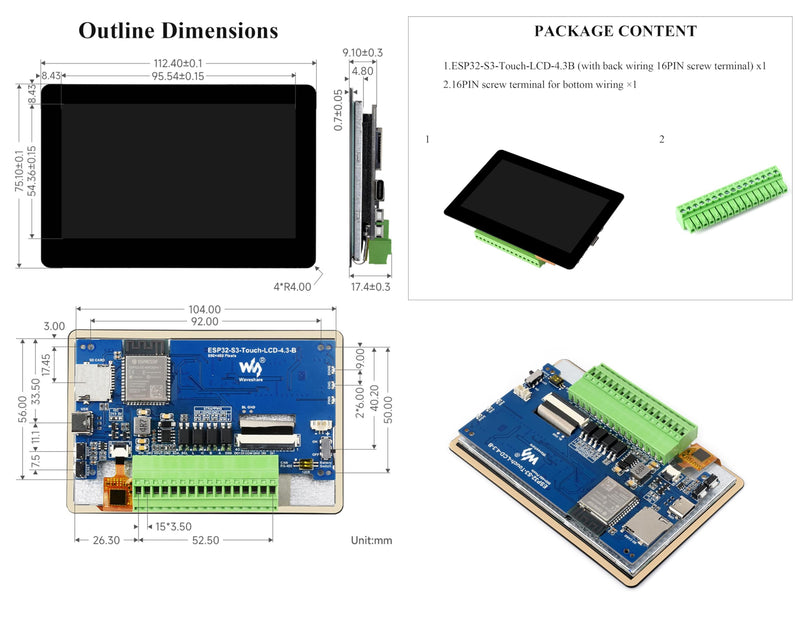 ESP32-S3 4.3inch Touch Screen Development Board Capacitive IPS Display 800x480, 32-Bit LX7 Dual-Core Processor Support 2.4GHz W-i-F-i and Blue-Tooth 5 (LE), Onboard CAN, RS485, I2C Interface,etc.