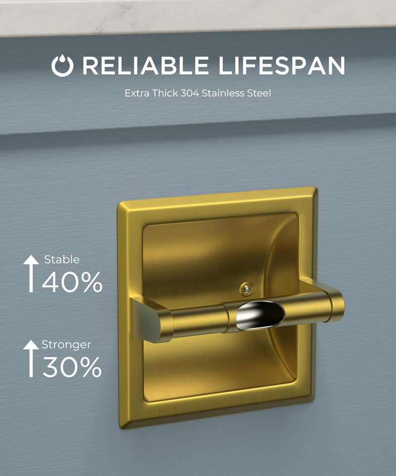 FORIOUS Recessed Toilet Paper Holder, Stainless Steel Durable Tissue Roll Holder Wall Mount for Bathroom Space Saving Design with Mounting Bracket, in Wall Toilet Paper Dispenser Insert, Gold 1