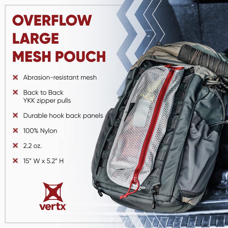 Vertx Overflow Pouches, Mesh Zipper Pouch for Tactical Gear, Backpack Accessories, Storage of Cables, Tool Kits, EDC Survival Large - 2 Pack