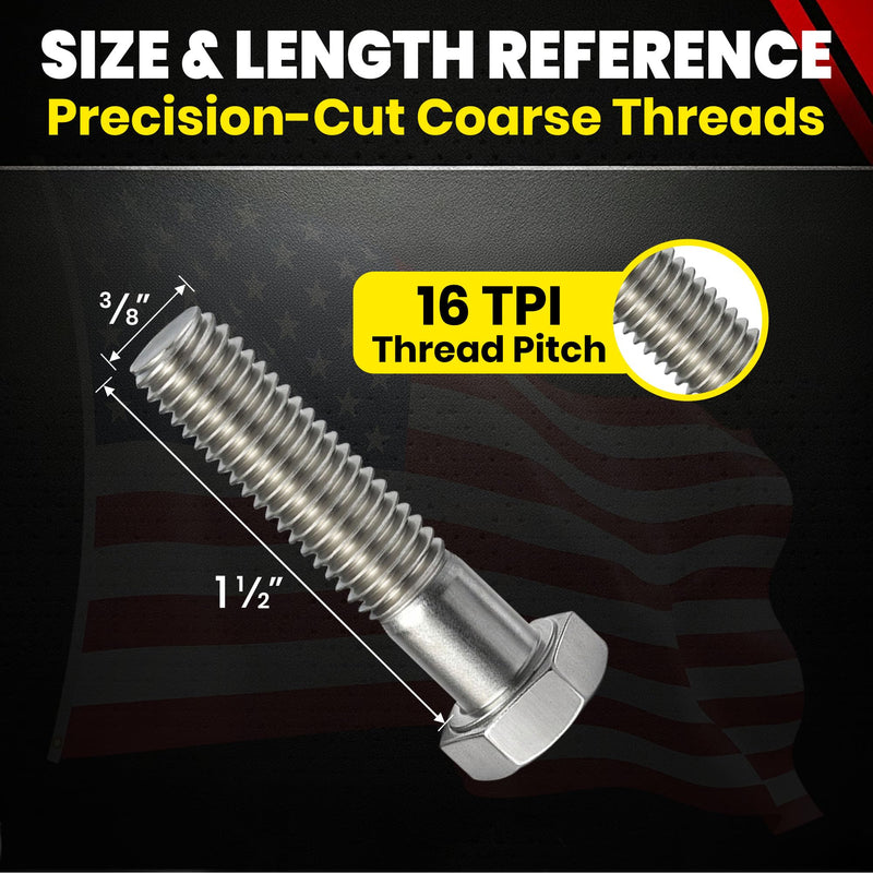 Chenango Supply 3/8-16 x 1-1/2" Stainless Steel Hex Head Bolts – 304 Stainless, USS Coarse Thread, 100,000–125,000 PSI Tensile Strength, Corrosion-Resistant Hardware Bolts, (25 Pieces, 3/8-16 x 1.5) 3/8-16 X 1-1/2"