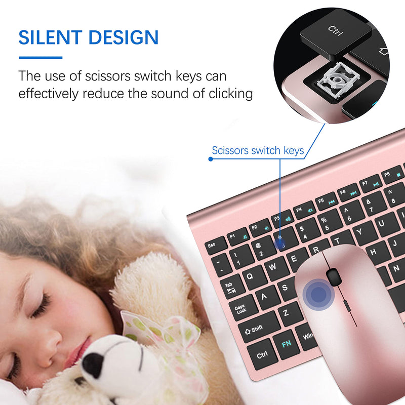 TopMate Wireless Keyboard and Mouse Ultra Slim Combo, 2.4G Silent Compact USB Mouse and Scissor Switch Keyboard Set with Cover, 2 AA and 2 AAA Batteries, for PC/Laptop/Windows/Mac - Rose Gold Black