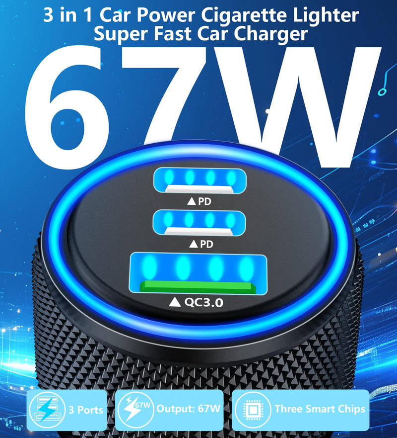 【MFi Certified】iPhone 15 Fast Car Charger, KYOHAYA 3-Port 67W PD/QC Car Power Adapter USB-C Fast Charging Cigarette Lighter with Type-C Braided Cable for iPhone 15 Pro/15 Pro Max/Galaxy/Pixel/iPad Pro Carbon Fiber Black
