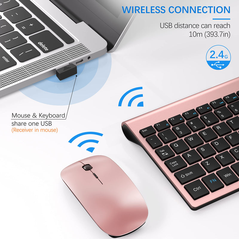 TopMate Wireless Keyboard and Mouse Ultra Slim Combo, 2.4G Silent Compact USB Mouse and Scissor Switch Keyboard Set with Cover, 2 AA and 2 AAA Batteries, for PC/Laptop/Windows/Mac - Rose Gold Black