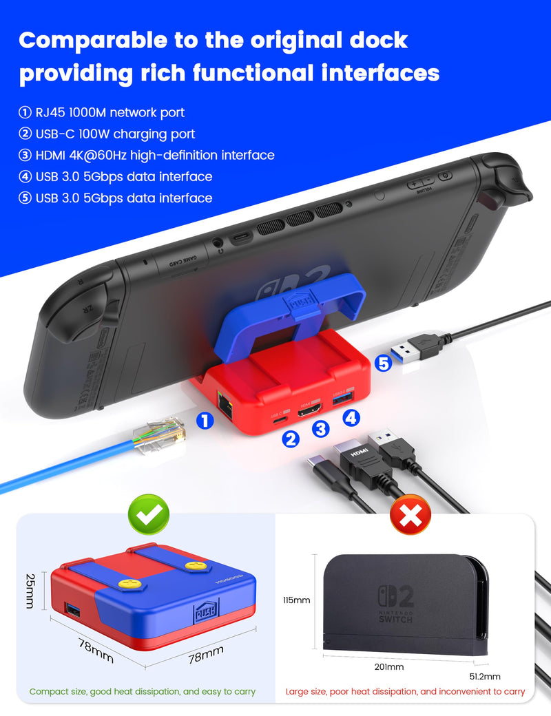MOGOOD Switch Dock for Switch Portable TV Docking Station with 4K HDMI,Ethernet Port,USB3.0,100W PD Charging Port for Official Switch 2