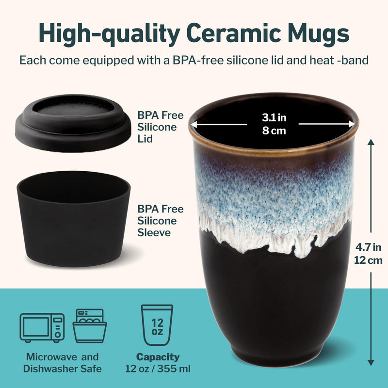NOVA CERAMICS 12oz Travel Coffee Mug - Unique Microwave & Dishwasher Safe Tumbler With Lid - Gifts For Women & Men Monsoon 12 Ounces