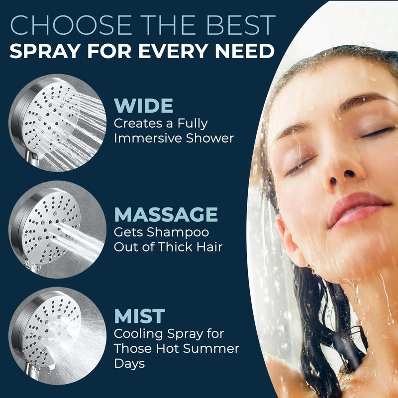 HammerHead Showers® Solid METAL 3-Spray Hand Held Shower Head, Brushed Nickel | Select from Wide, Massage, and Mist Sprays | 1.75 GPM Low Flow Handheld Showerhead | Made from 304 Stainless Steel