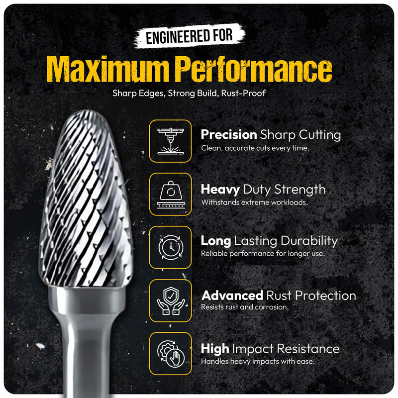 10Pcs Tungsten Carbide Burr Set 6.35mm - 1/4" Shank Double Cut Die Grinder Bits Cutting Burrs - Metal, Steel - Rotary Tools Rasp Accessories - Deburring, Engraving, Grinding, Carving, Porting 10pcs - 6.35mm