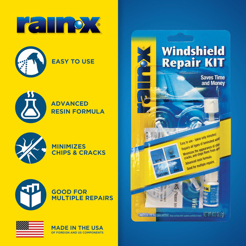 Rain-X 600001 Windshield Repair Kit - Quick And Easy Durable Resin Based Kit for Chips and Cracks, Good For Round Damage Below 1" In Diameter And Cracks Smaller Than 12" In Length, BLUE,YELLOW