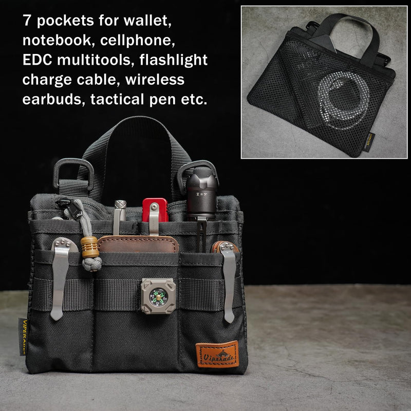 VIPERADE VE5 Slim EDC Pouch with 7 Pockets, Mens Pocket Organizer Multitool Pouch, Mini Crossbody Messenger Bag (No Strap) Black