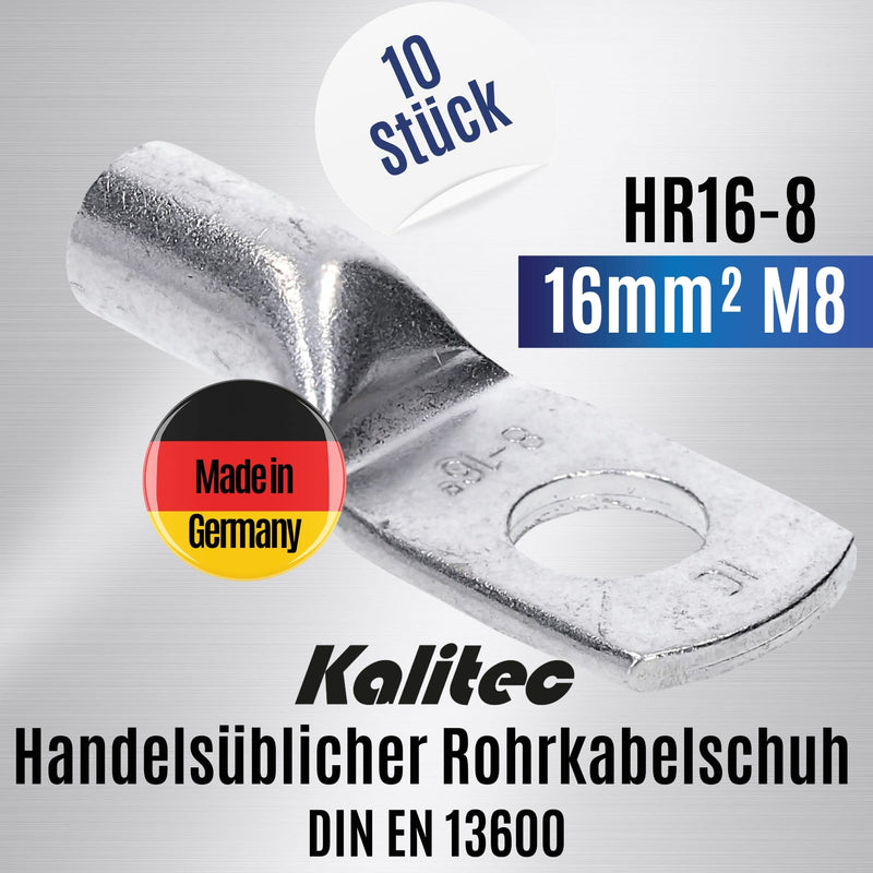 Pack of 10 Kalitec HR16-8 standard tubular cable lugs 16mm² M8 I without viewing hole I Made in Germany