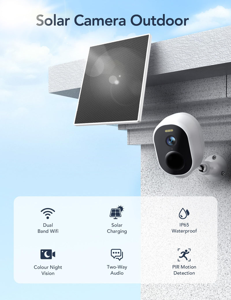 GNCC Solar Security Cameras Wireless Outdoor, 2K, 5200 mAh Battery Powered Camera for Home, Color Night Vision, IP65 Waterproof, PIR Motion Detection, Two-Way Audio, Cloud/SD Storage, 5G & 2.4G WiFi 1