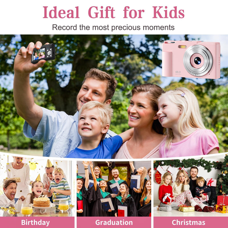 Digital Camera for Kids, FHD 1080P Point and Shoot Children's Camera with 16X Digital Zoom, Anti-Shake, Flash, 32GB Card, Portable Compact Travel Camera for Boys, Girls (Black) Black