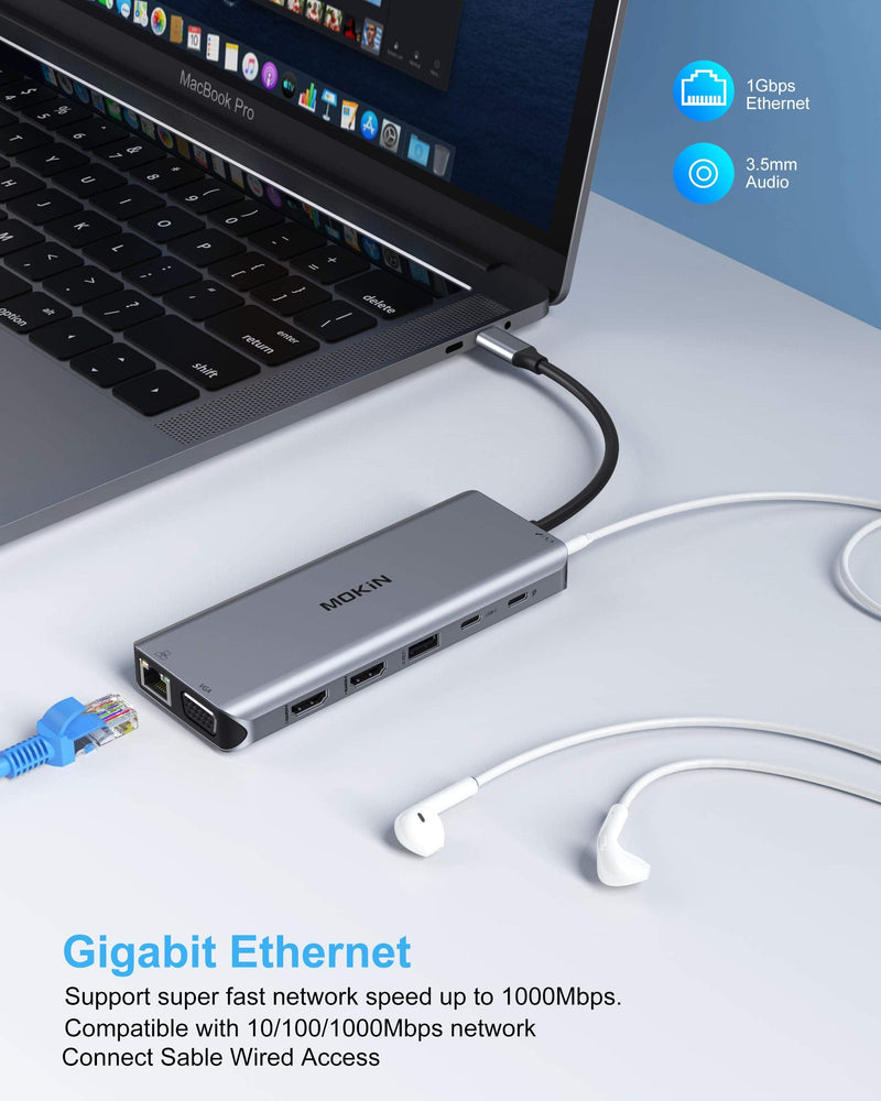 14 in 1 USB-C Docking Station - Dual Monitor Laptop Dock with 2 HDMI, VGA, 5 USB, SD/TF for Dell/Surface/HP/Lenovo Laptops 14 in 1（2 HDMI+VGA）