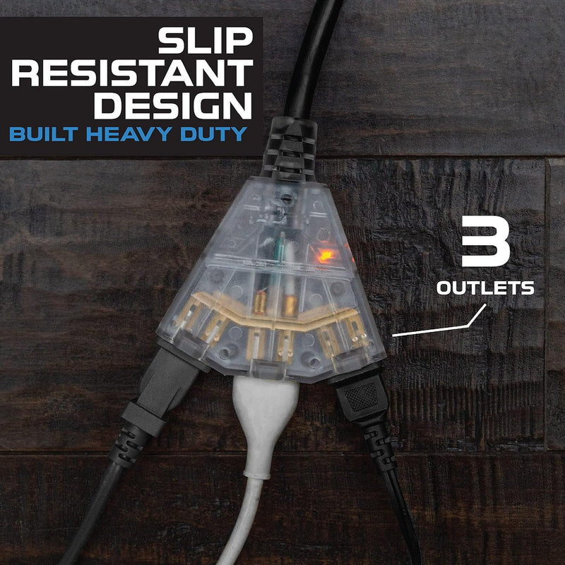 Iron Forge Cable 3 ft Lighted 10 Gauge Extension Cord 3 Outlets - Heavy Duty Extension Cord Outdoor with Multiple Outlets 15 AMP, 10/3 Black Power Cable SJTW Weatherproof 3 Prong Grounded Plug 3 Foot