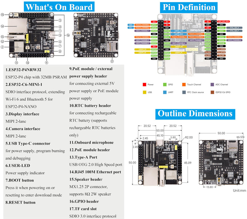 ESP32-P4-NANO Development Board, ESP32-P4 Chip: RISC-V Dual-Core and Single-Core Processors, Human-Machine Interfaces: MIPI-CSI, MIPI-DSI, USB, ETH, etc. Comes with Speaker and PoE Module, 4 Items